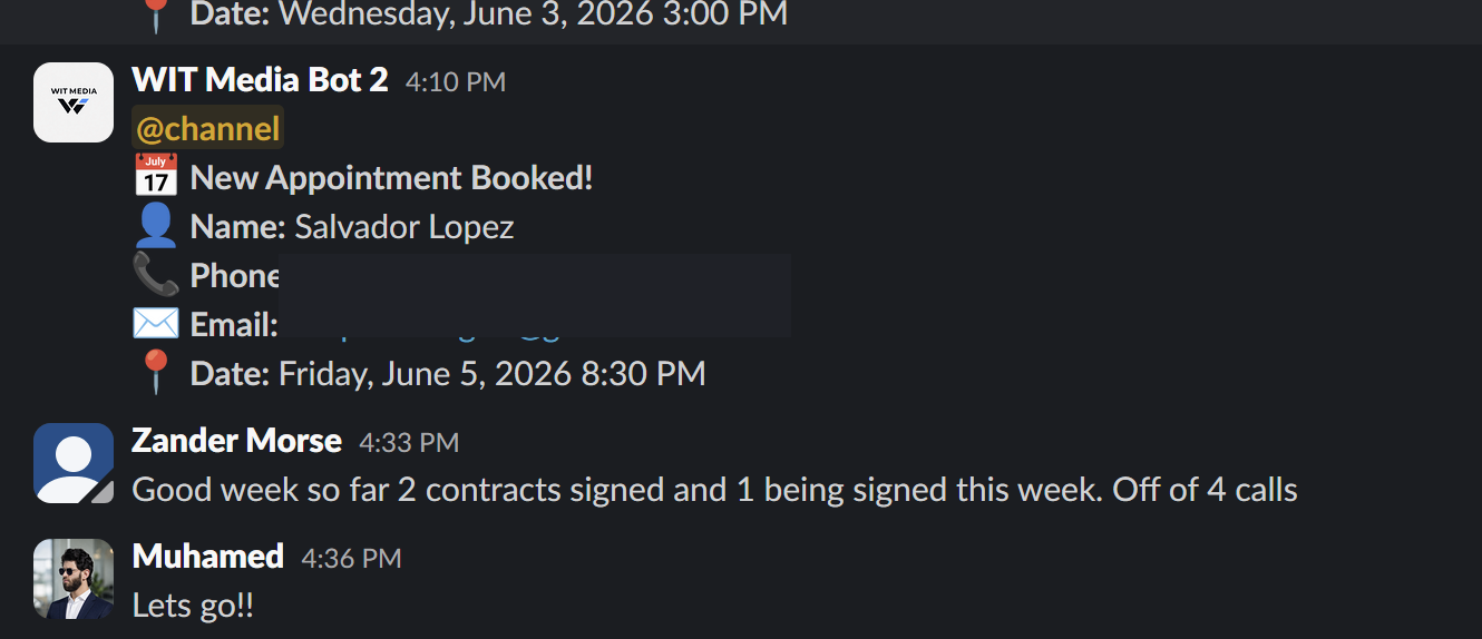 Slack appointment proof and contract win