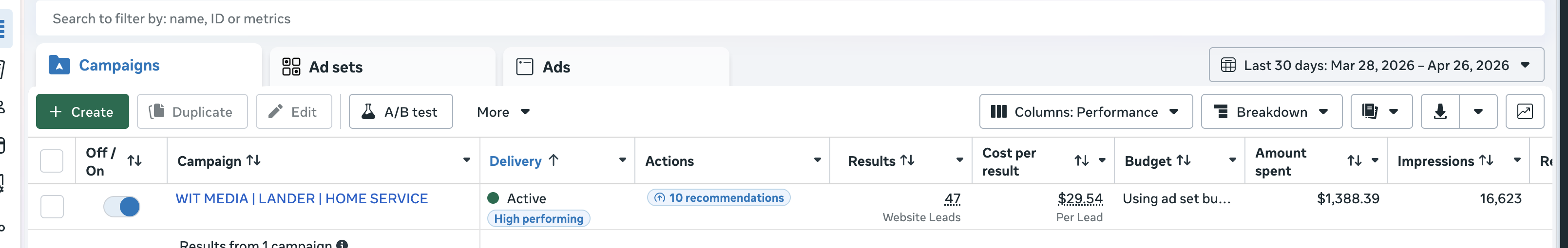 Meta ad results screenshot