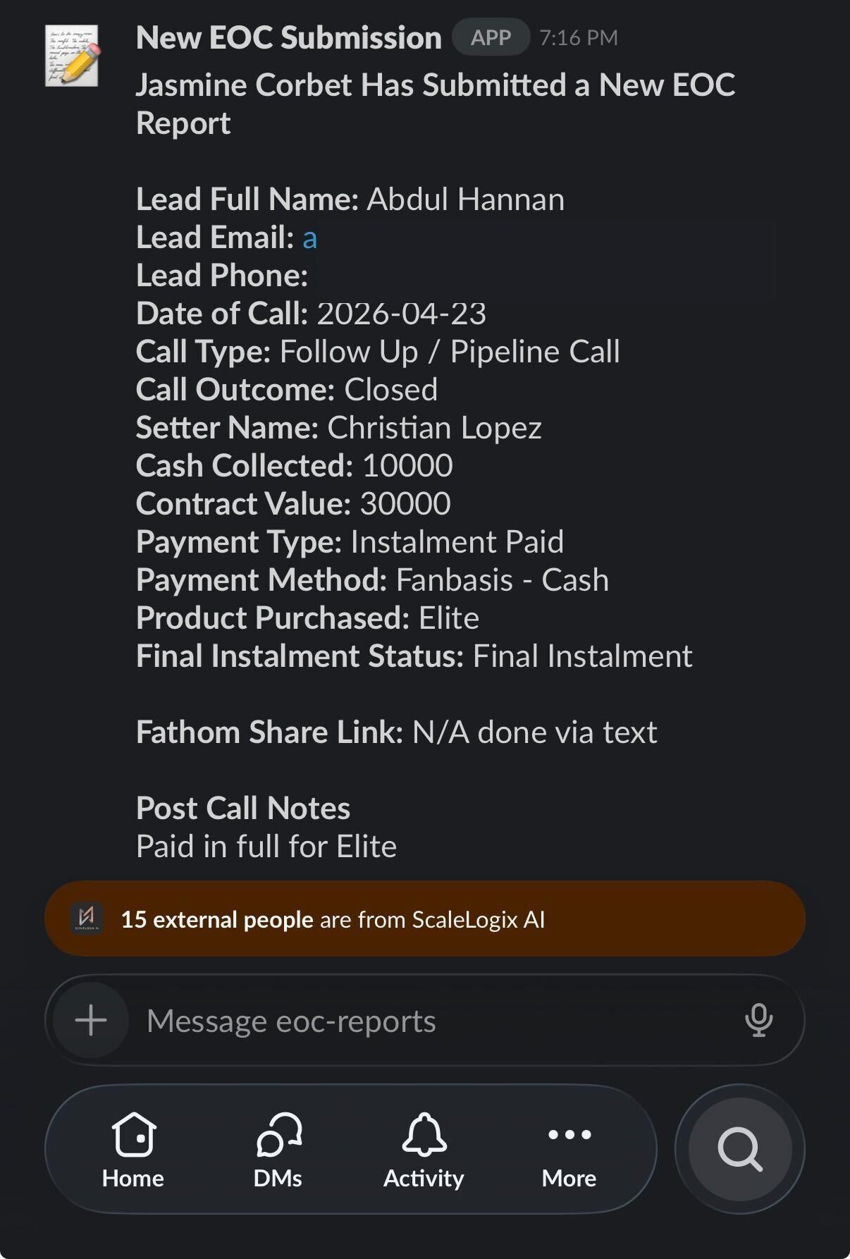 Slack closed sale report proof