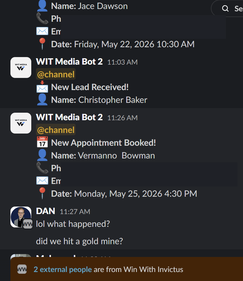Slack appointment and lead proof