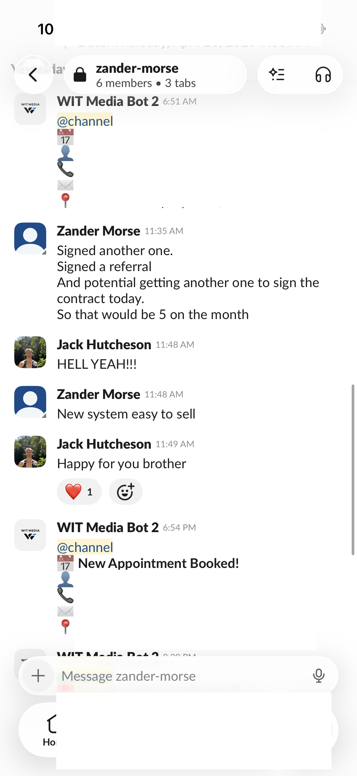 Mobile Slack appointment proof with signed clients