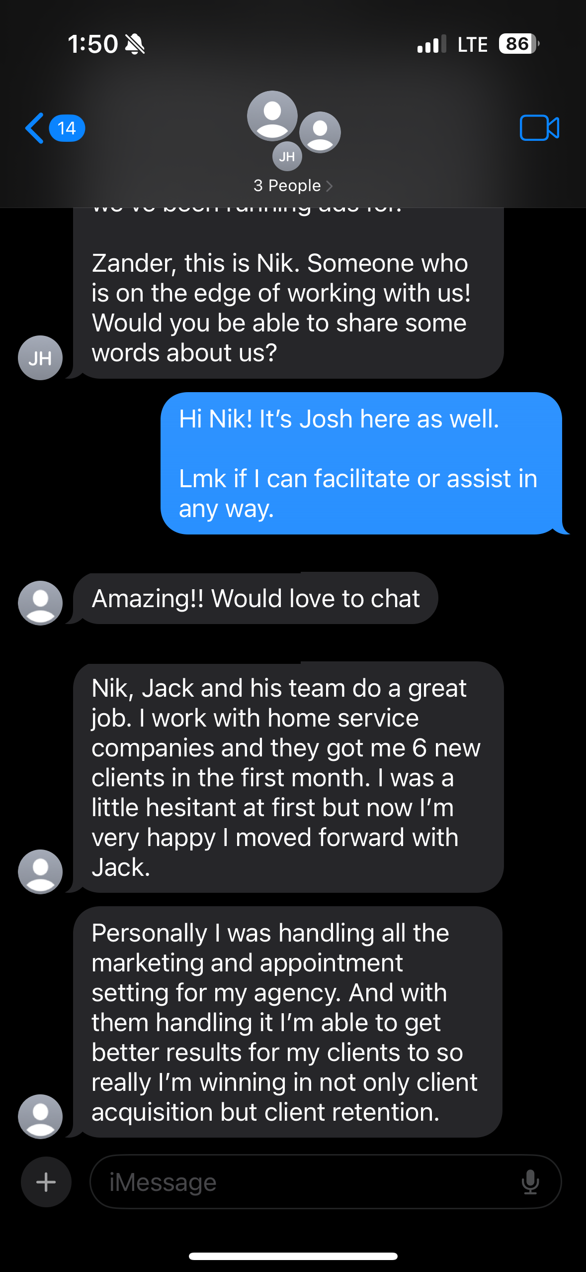 Text message testimonial from agency owner