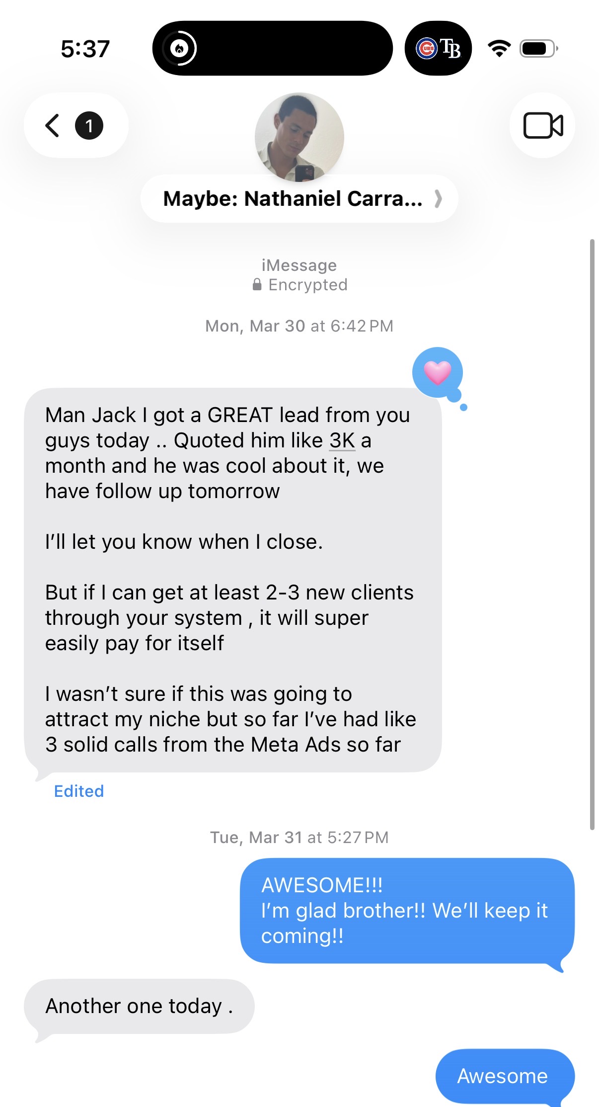 Text message testimonial after a strong lead